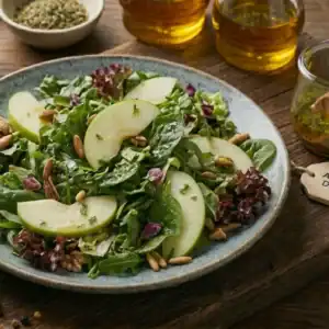 Ensalada de hojas verdes, fruta de la estación y frutos secos